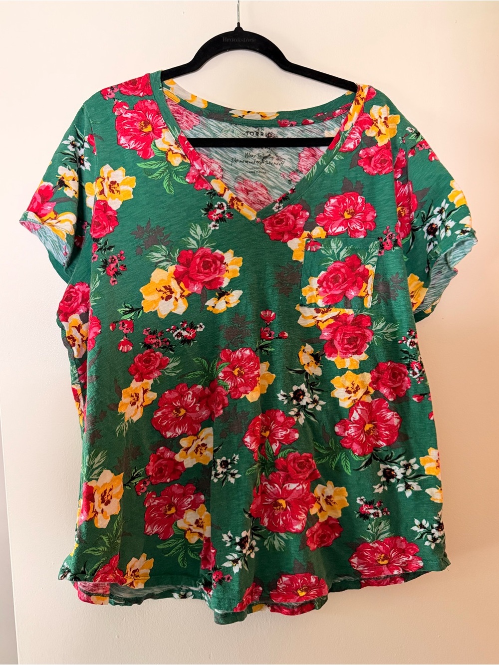 torrid Green Floral V-Neck Tee with Pink and Yellow Blooms